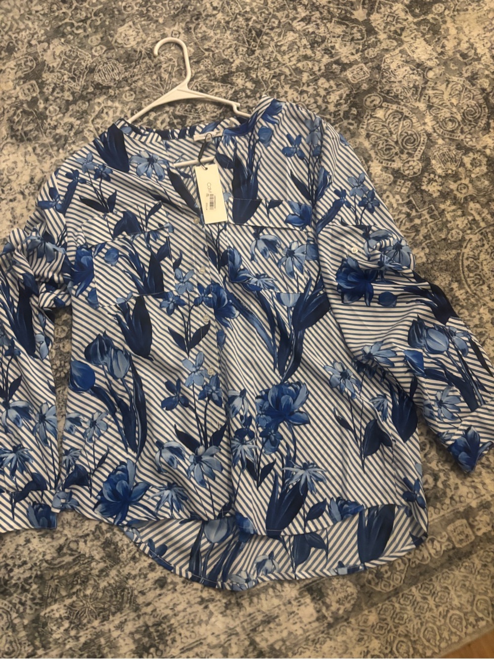 Brand New Calvin Klein Blue Floral Stripe Button-Down Blouse